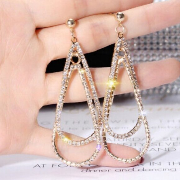 NEW Gold Round Diamond Double Tear Drop Earrings - Picture 8 of 9